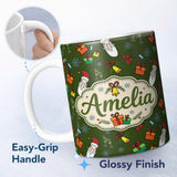 Personalized Custom Name Cute Santa Gifts Champagne Christmas Seamless Pattern Lovely 11oz Ceramic Coffee Tea Mug White Large Handle