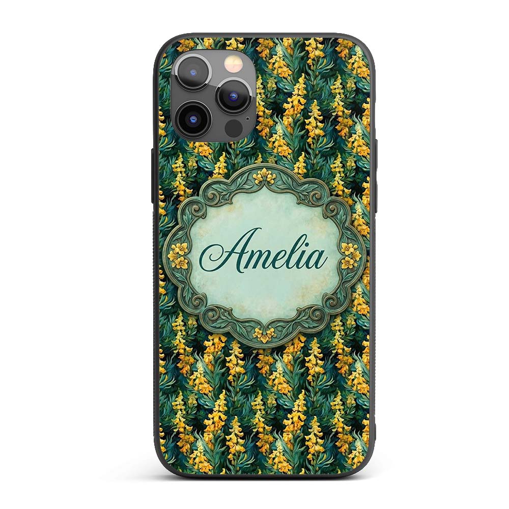 Rich Dark Botanical Pattern with Golden Yellow Custom Name Protective Phone Case Mobile Cover Durable Everyday Smartphone Shock Resistant
