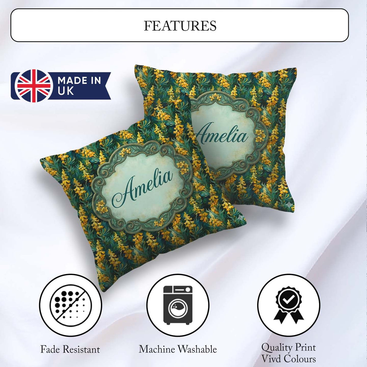 Custom Name Rich Dark Pattern with Golden Yellow Flowers on Deep Square Filled Cushion Throw Pillow Sofa Bed Home Decor Zip Washable UK Made
