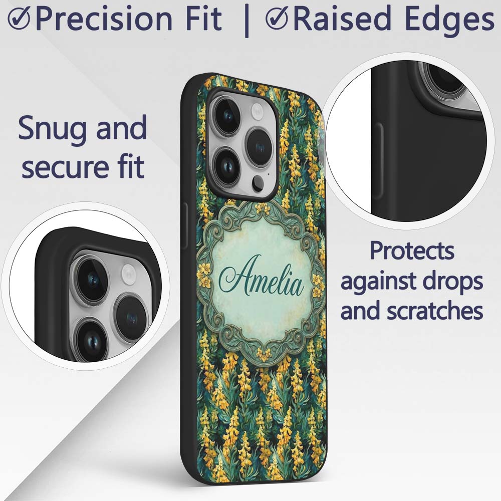 Rich Dark Botanical Pattern with Golden Yellow Custom Name Protective Phone Case Mobile Cover Durable Everyday Smartphone Shock Resistant