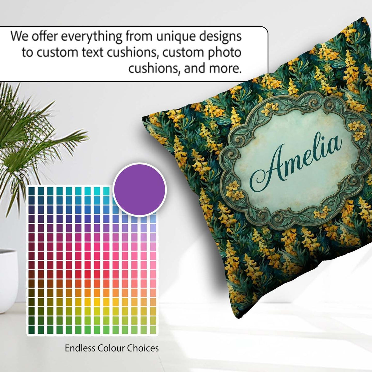 Custom Name Rich Dark Pattern with Golden Yellow Flowers on Deep Square Filled Cushion Throw Pillow Sofa Bed Home Decor Zip Washable UK Made