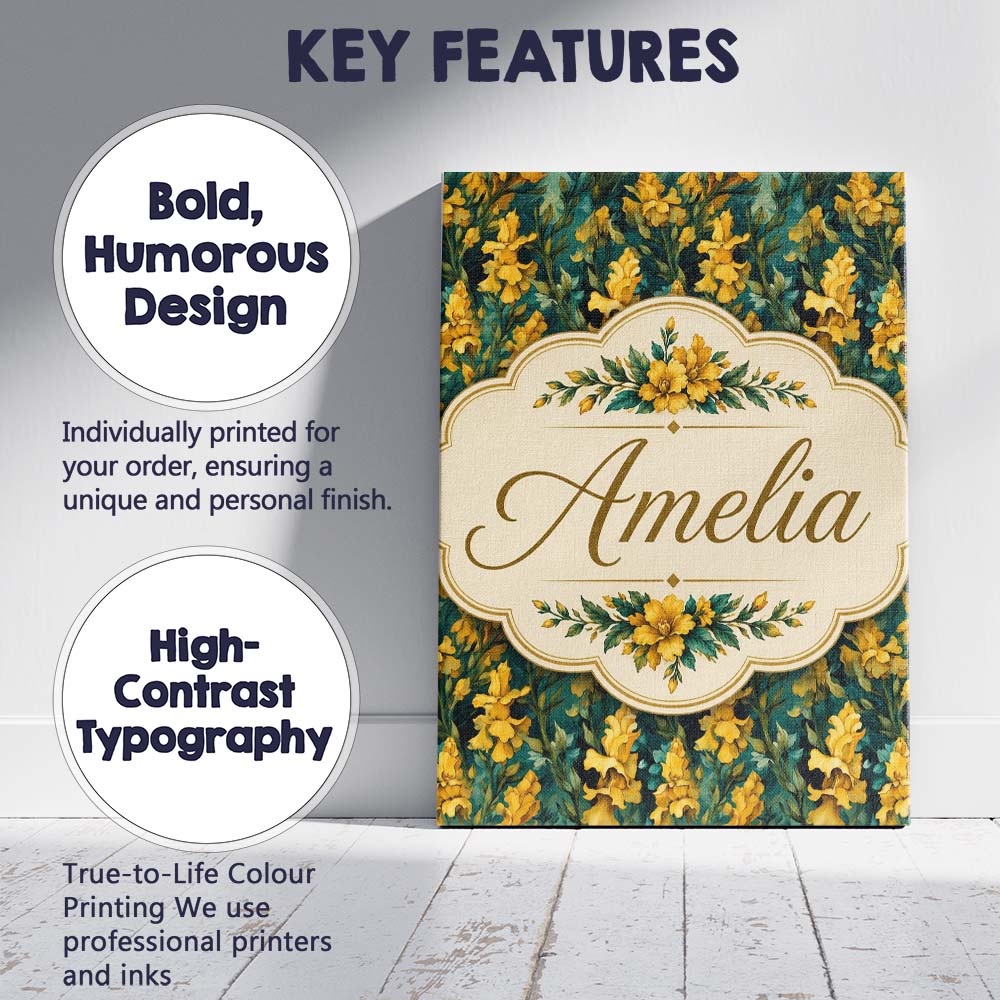 Personalised Name Yellow Iris Floral Custom Premium Decorative Design Modern Room Accent Canvas Wall Art Print Decor Picture Ready to Hang