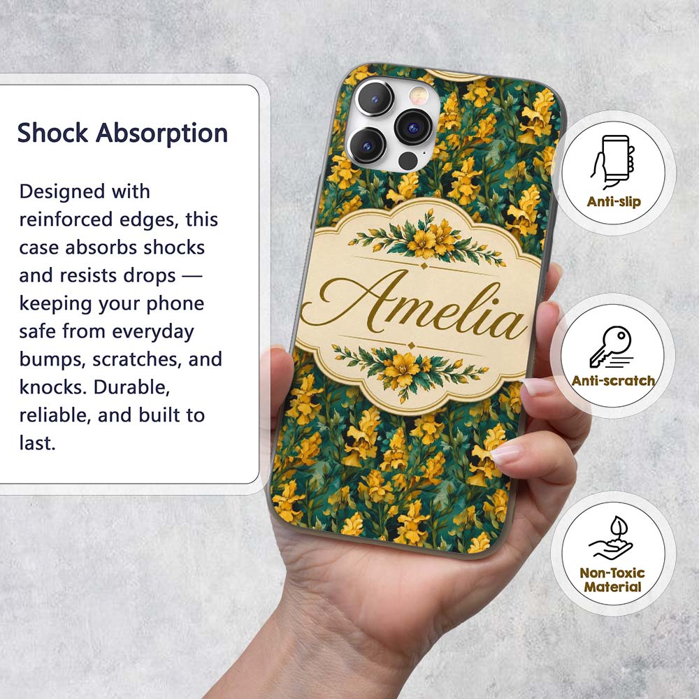 Yellow Iris Floral Seamless Decorative Design Custom Name Protective Phone Case Mobile Cover Durable Everyday Smartphone Shock Resistant