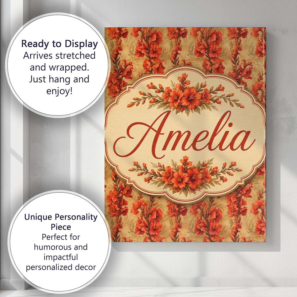 Personalised Name Bold Red Gladiolus Floral Custom  Bespoke Interior Contemporary Canvas Wall Art Print Decor Picture Ready to Hang