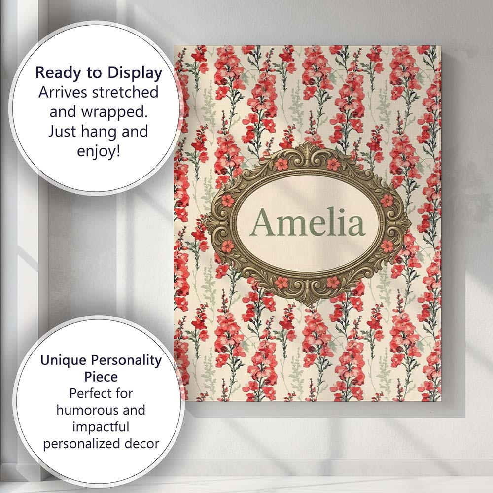 Personalised Name Soft Coral Floral Vertical Custom Bespoke  Contemporary Display Canvas Wall Art Print Decor Picture Ready to Hang