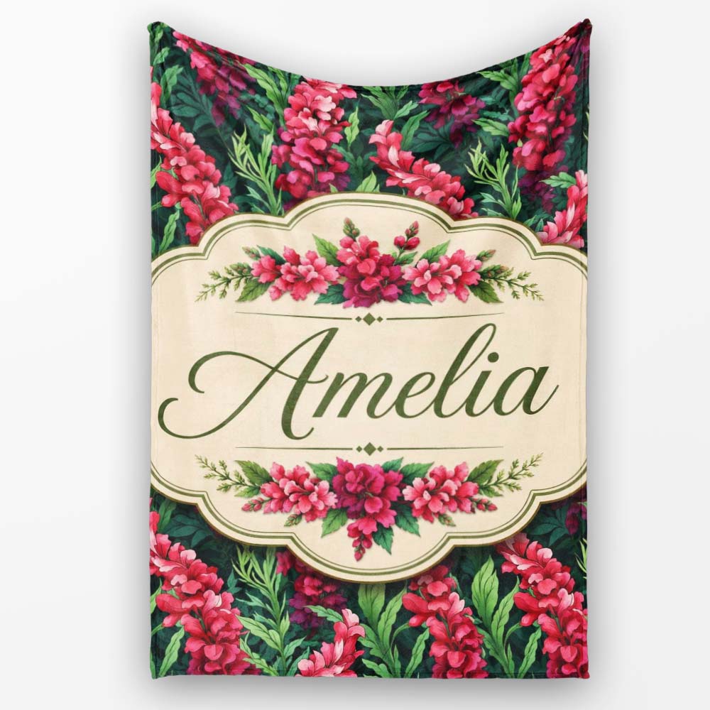Vibrant Pink Gladiolus Floral on Dark Green Background Botanical  Personalised Custom Name Super Soft Fleece Blanket Bed Sofa Throw
