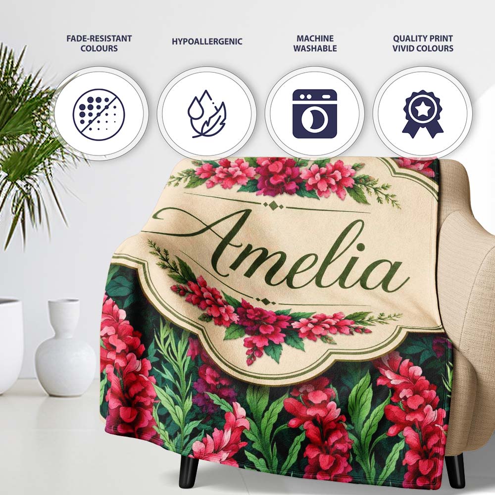 Vibrant Pink Gladiolus Floral on Dark Green Background Botanical  Personalised Custom Name Super Soft Fleece Blanket Bed Sofa Throw