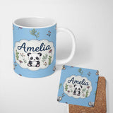 Personalized Custom Name Cute Panda Bear with Bamboo Leaves Floral Seamless Pattern Sky Blue 11oz Ceramic Coffee Tea Mug White Large Handle