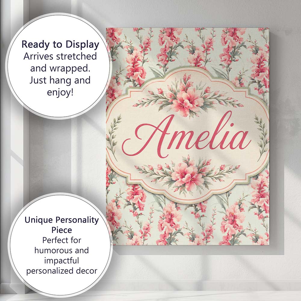 Personalised Name Delicate Pink Floral Custom  Modern Room Accent Elegant Feature Canvas Wall Art Print Decor Picture Ready to Hang