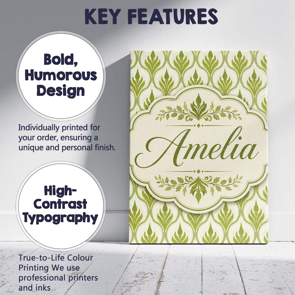 Personalised Name Green Deco Leaf Custom Stylish Home Interior Premium Decorative Design Canvas Wall Art Print Decor Picture Ready to Hang