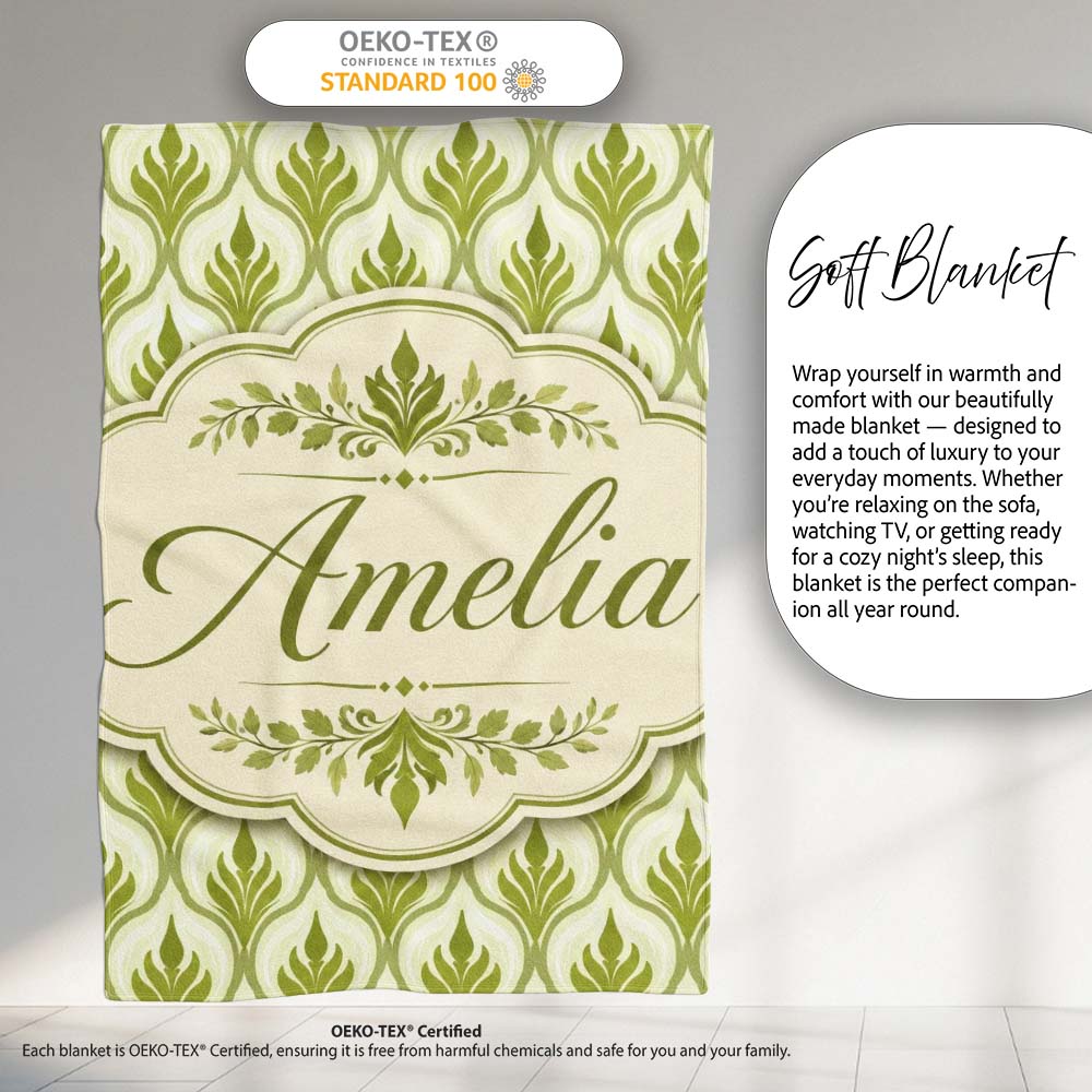 Green Art Deco Leaf Seamless Pattern on Cream Background Geometric  Personalised Custom Name Super Soft Fleece Blanket Bed Sofa Throw