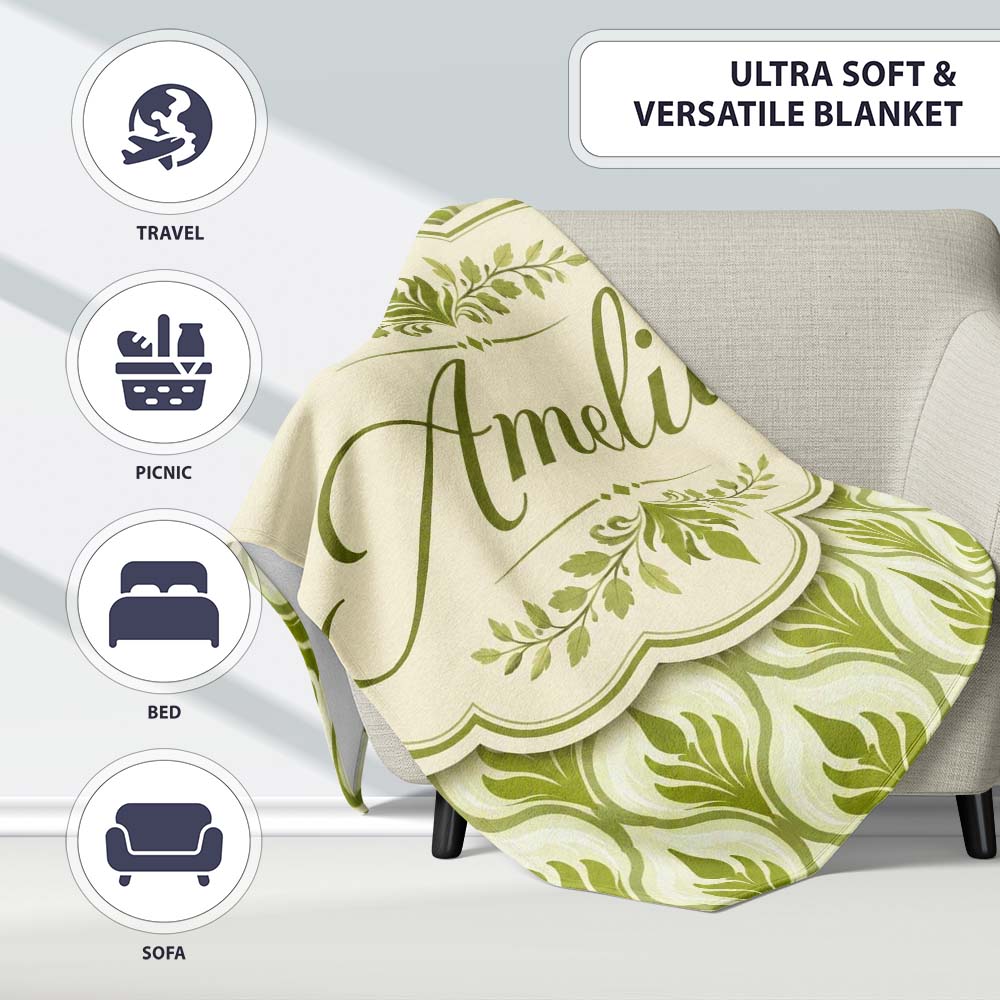 Green Art Deco Leaf Seamless Pattern on Cream Background Geometric  Personalised Custom Name Super Soft Fleece Blanket Bed Sofa Throw