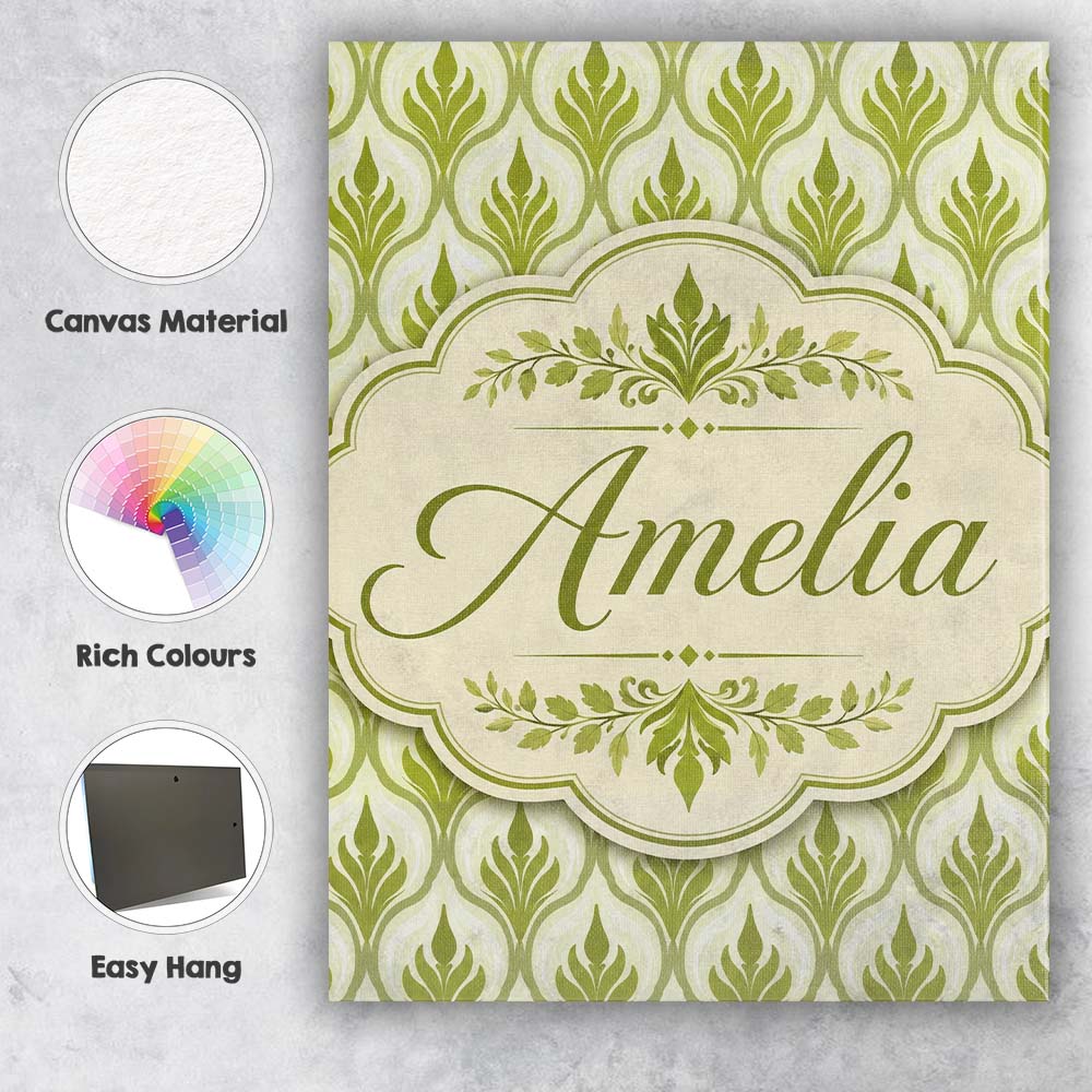 Personalised Name Green Deco Leaf Custom Stylish Home Interior Premium Decorative Design Canvas Wall Art Print Decor Picture Ready to Hang