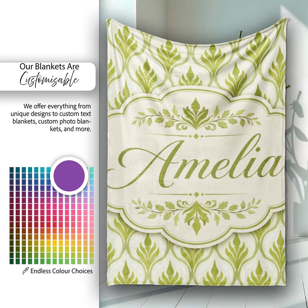 Green Art Deco Leaf Seamless Pattern on Cream Background Geometric  Personalised Custom Name Super Soft Fleece Blanket Bed Sofa Throw