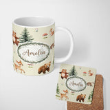 Personalized Custom Name Bear Bunny Squirrel Trees Mushrooms Butterfly Soft Cream Seamless 11oz Ceramic Coffee Tea Mug White Large Handle