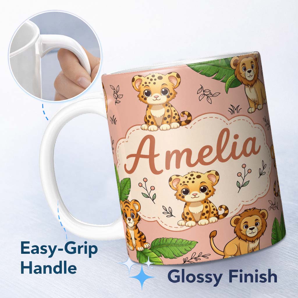 Personalized Custom Name Cute Jungle Animals Lion Tiger Leopard Tropical Leaves Peach Lovely 11oz Ceramic Coffee Tea Mug White Large Handle