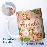 Personalized Custom Name Cute Jungle Animals Lion Tiger Leopard Tropical Leaves Peach Lovely 11oz Ceramic Coffee Tea Mug White Large Handle
