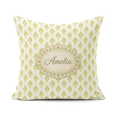 Custom Name Minimalist Light Green Leaf Motif Seamless on Cream Square Filled Cushion Throw Pillow Sofa Bed Home Decor Zip Washable UK Made