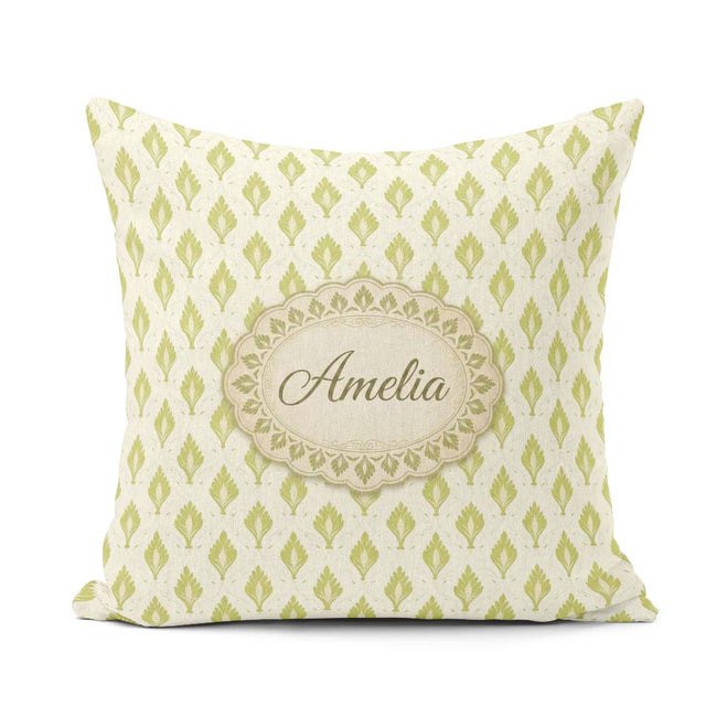 Custom Name Minimalist Light Green Leaf Motif Seamless on Cream Square Filled Cushion Throw Pillow Sofa Bed Home Decor Zip Washable UK Made