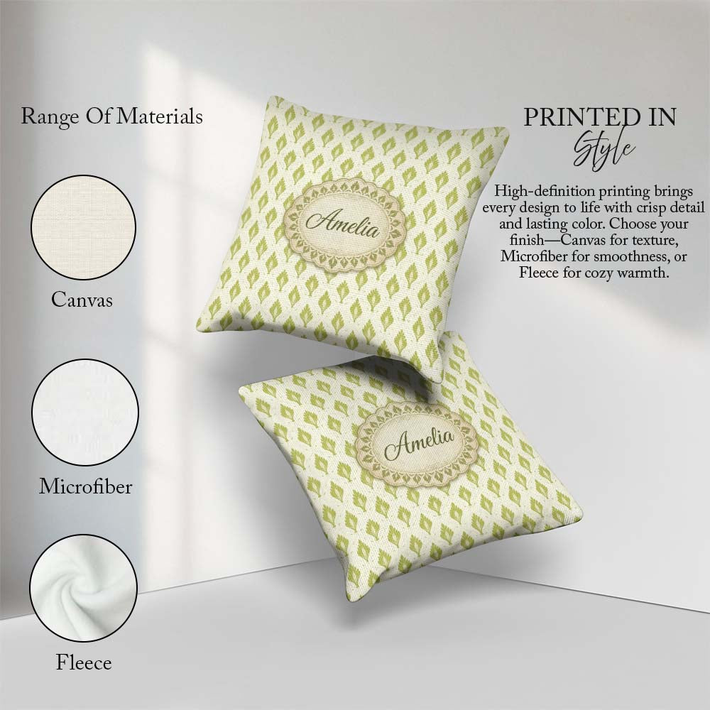 Custom Name Minimalist Light Green Leaf Motif Seamless on Cream Square Filled Cushion Throw Pillow Sofa Bed Home Decor Zip Washable UK Made