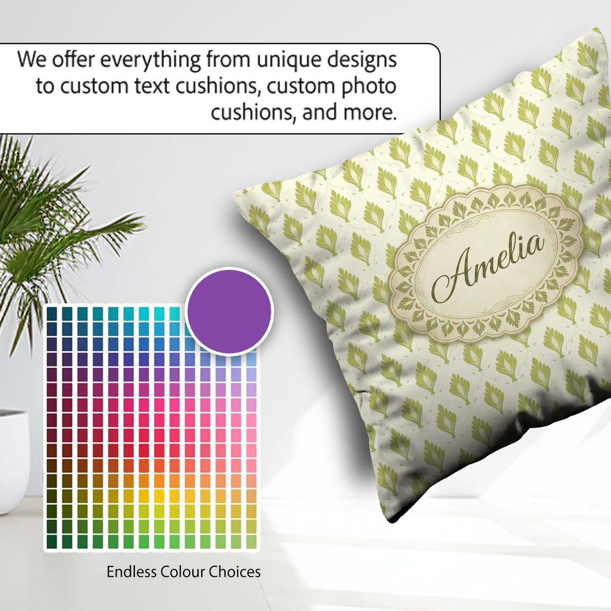 Custom Name Minimalist Light Green Leaf Motif Seamless on Cream Square Filled Cushion Throw Pillow Sofa Bed Home Decor Zip Washable UK Made