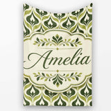 Green Abstract Damask on Cream Background Mid Century Style Lovely  Personalised Custom Name Super Soft Fleece Blanket Bed Sofa Throw