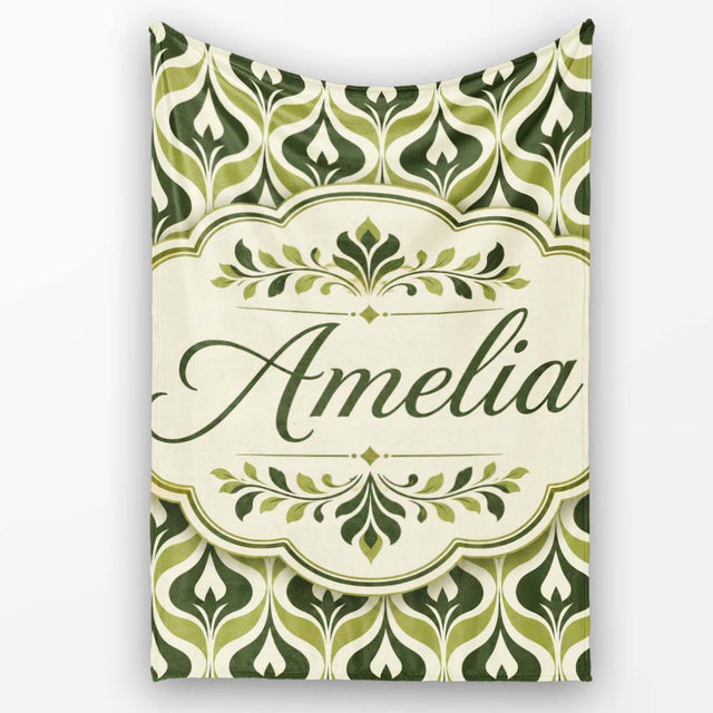 Green Abstract Damask on Cream Background Mid Century Style Lovely  Personalised Custom Name Super Soft Fleece Blanket Bed Sofa Throw