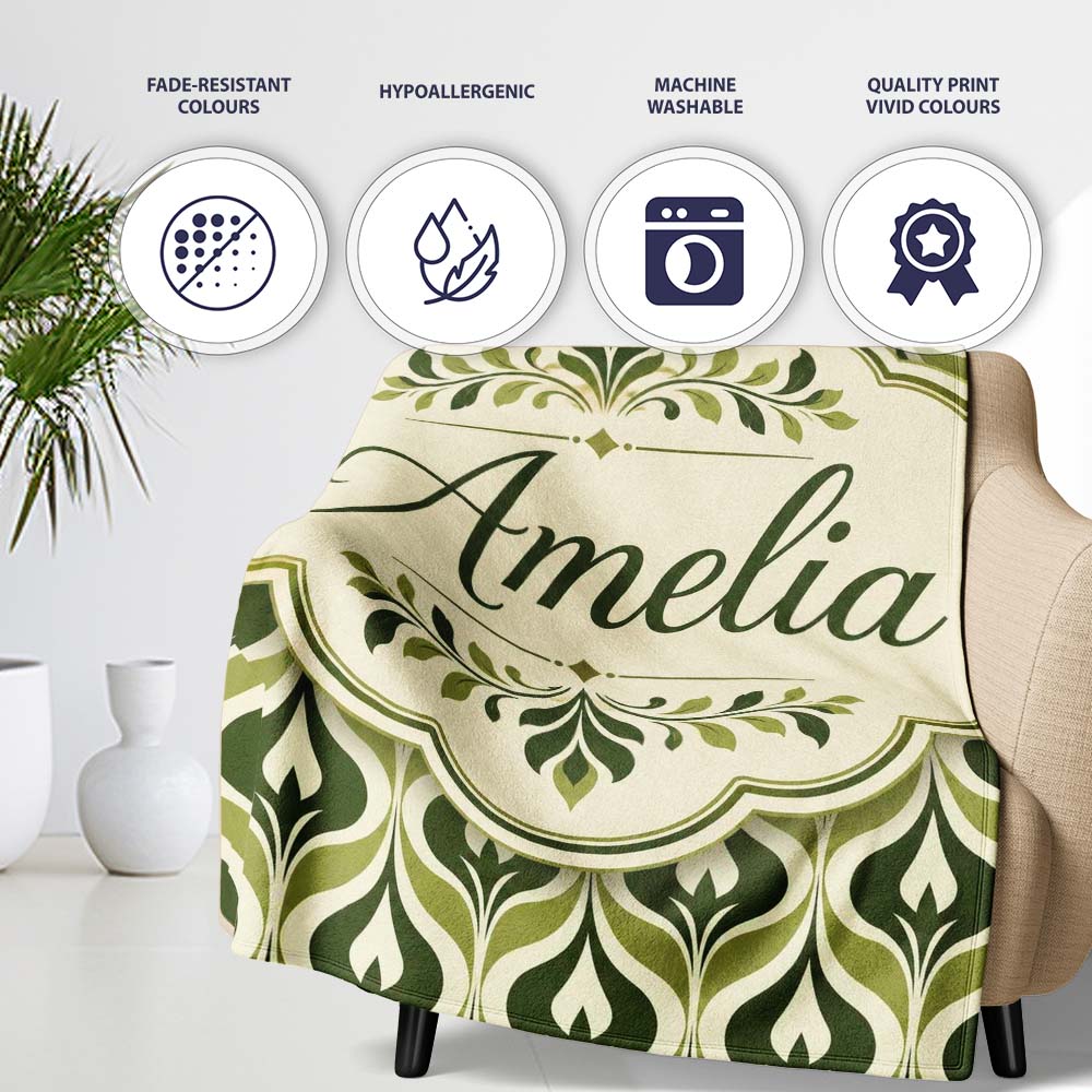 Green Abstract Damask on Cream Background Mid Century Style Lovely  Personalised Custom Name Super Soft Fleece Blanket Bed Sofa Throw