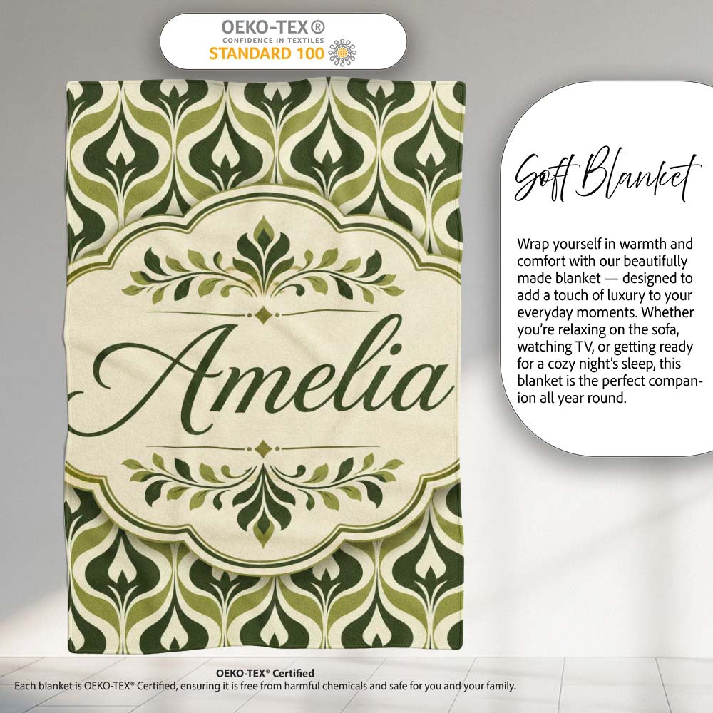Green Abstract Damask on Cream Background Mid Century Style Lovely  Personalised Custom Name Super Soft Fleece Blanket Bed Sofa Throw
