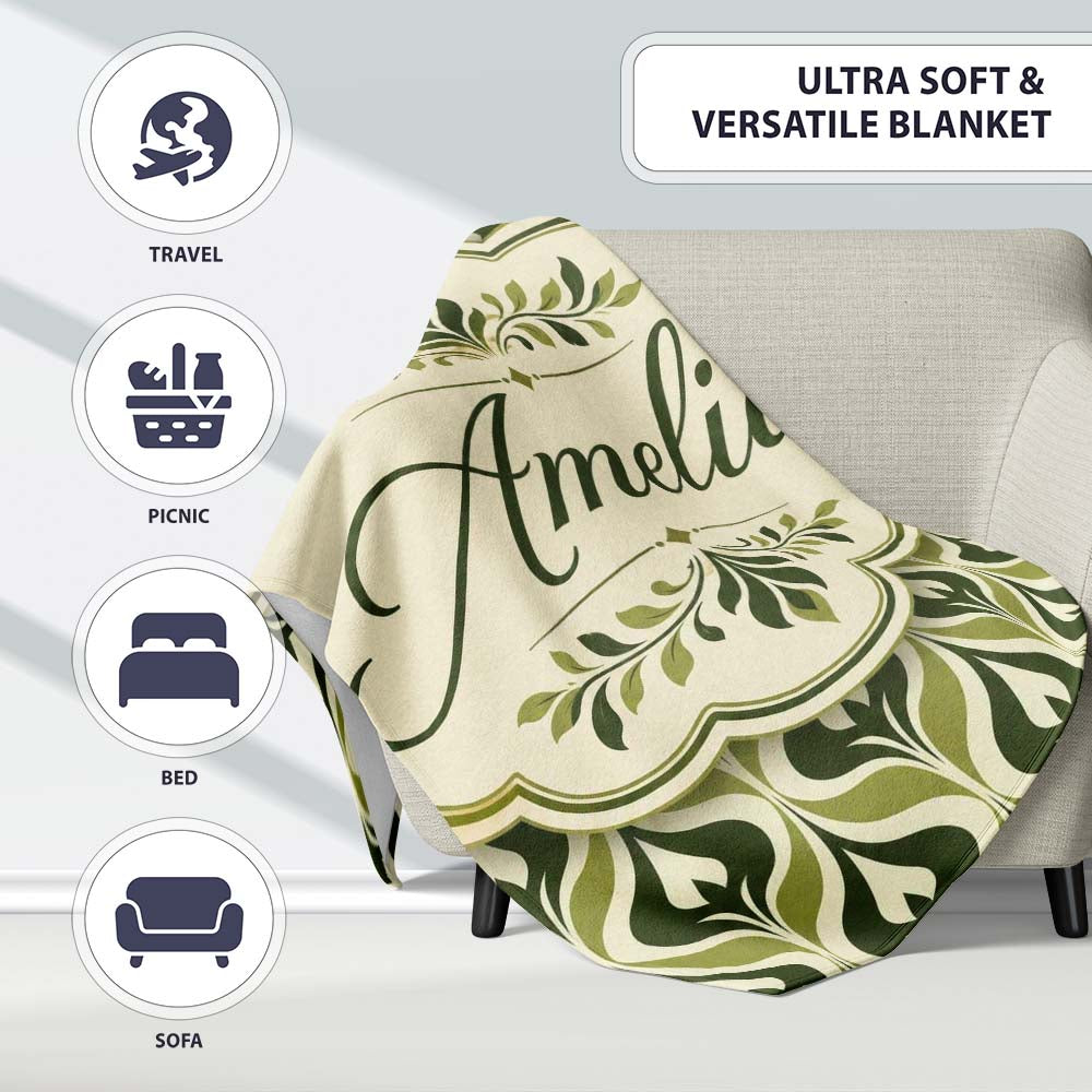 Green Abstract Damask on Cream Background Mid Century Style Lovely  Personalised Custom Name Super Soft Fleece Blanket Bed Sofa Throw