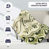 Green Abstract Damask on Cream Background Mid Century Style Lovely  Personalised Custom Name Super Soft Fleece Blanket Bed Sofa Throw
