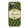 Elegant Olive Green Art Deco Leaf Printed Design Custom Name Protective Phone Case Mobile Cover Durable Everyday Smartphone Shock Resistant