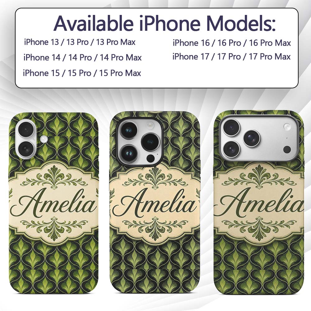 Elegant Olive Green Art Deco Leaf Printed Design Custom Name Protective Phone Case Mobile Cover Durable Everyday Smartphone Shock Resistant
