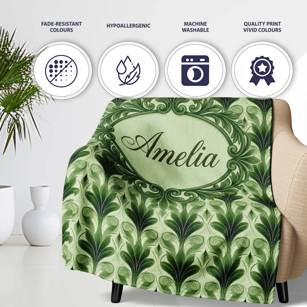 Dark Green Leaf Wave Seamless Pattern with Organic Flowing Shapes  Personalised Custom Name Super Soft Fleece Blanket Bed Sofa Throw