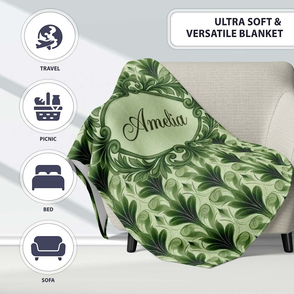 Dark Green Leaf Wave Seamless Pattern with Organic Flowing Shapes  Personalised Custom Name Super Soft Fleece Blanket Bed Sofa Throw