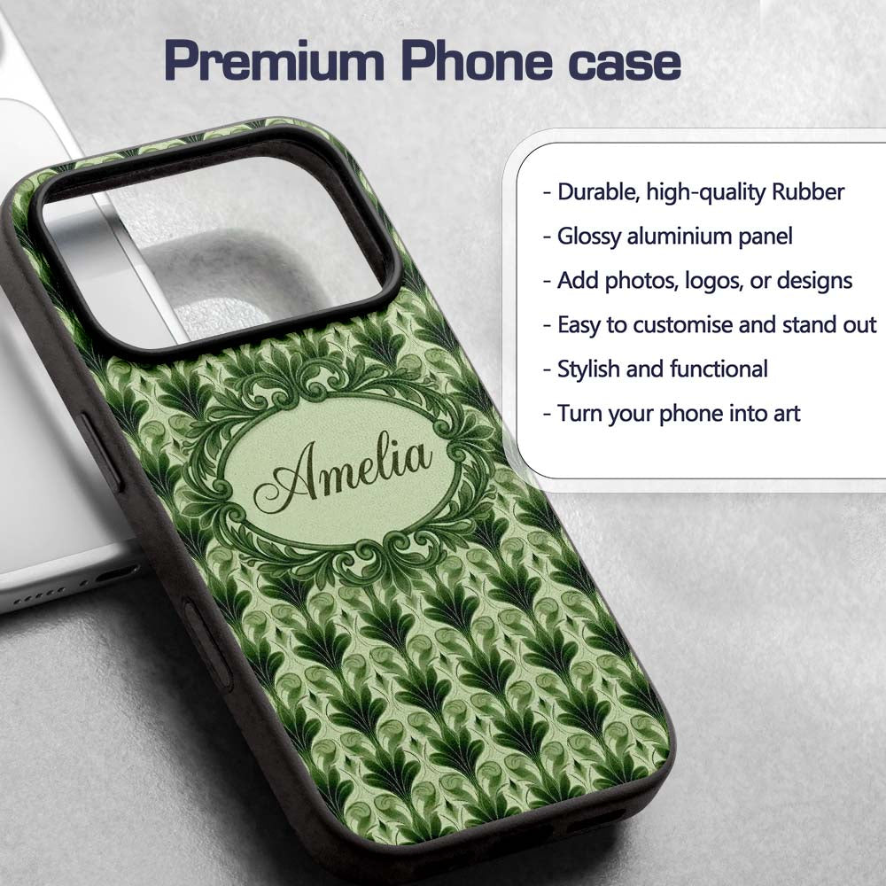 Dark Green Leaf Wave Seamless Printed Design Custom Name Protective Phone Case Mobile Cover Durable Everyday Smartphone Shock Resistant