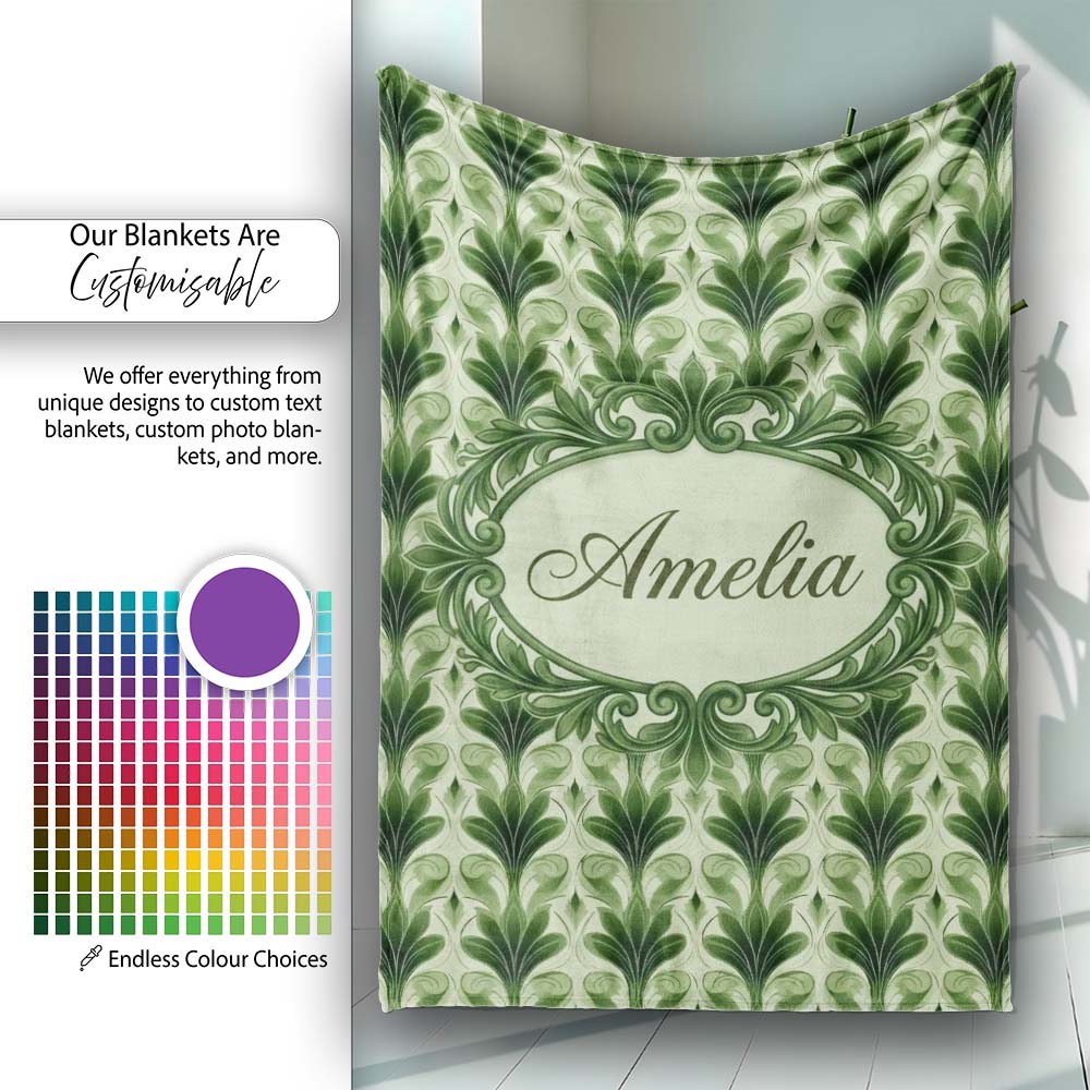 Dark Green Leaf Wave Seamless Pattern with Organic Flowing Shapes  Personalised Custom Name Super Soft Fleece Blanket Bed Sofa Throw