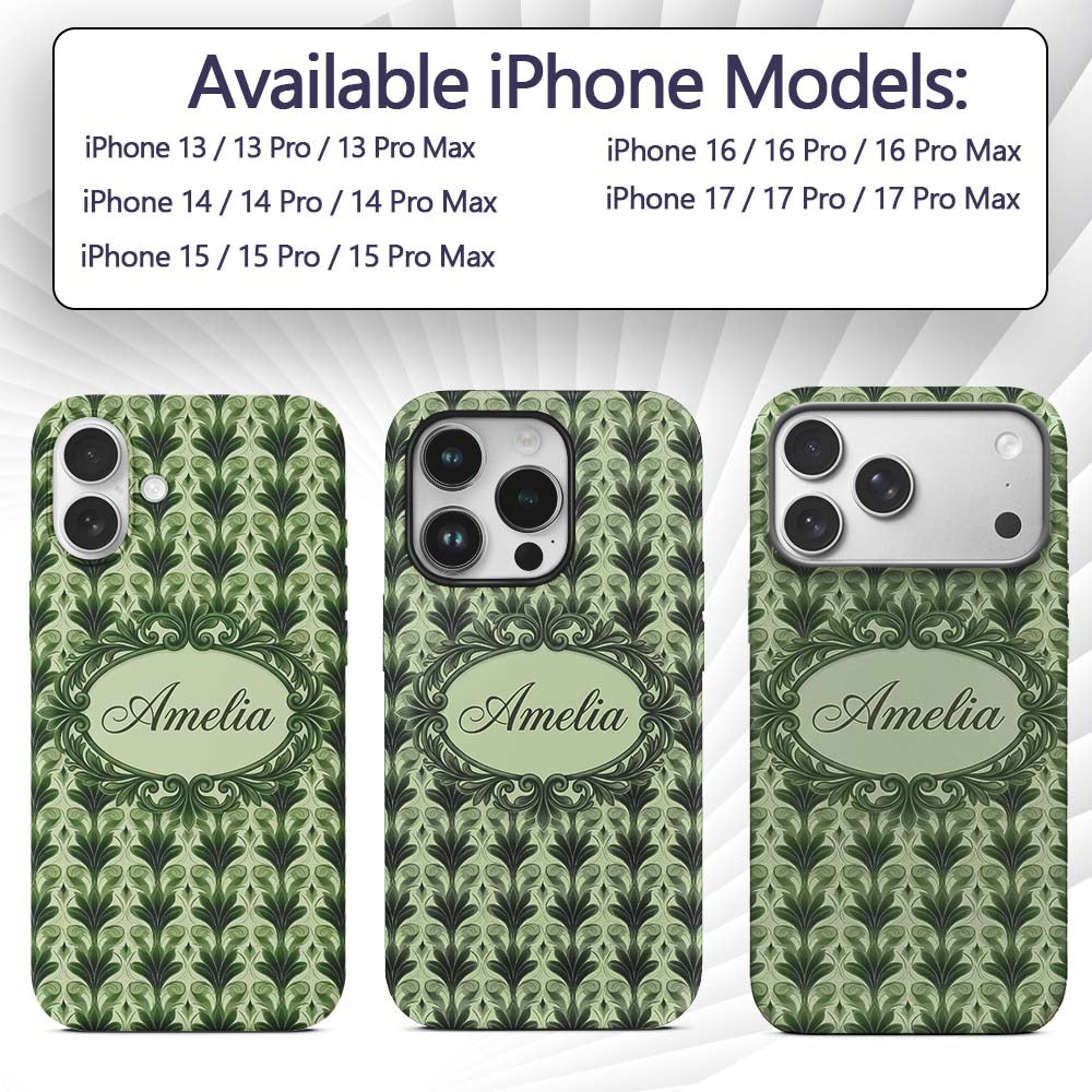 Dark Green Leaf Wave Seamless Printed Design Custom Name Protective Phone Case Mobile Cover Durable Everyday Smartphone Shock Resistant