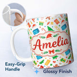 Personalized Custom Name Watercolor Christmas Gifts Candy Gingerbread Festive Holiday Lovely 11oz Ceramic Coffee Tea Mug White Large Handle