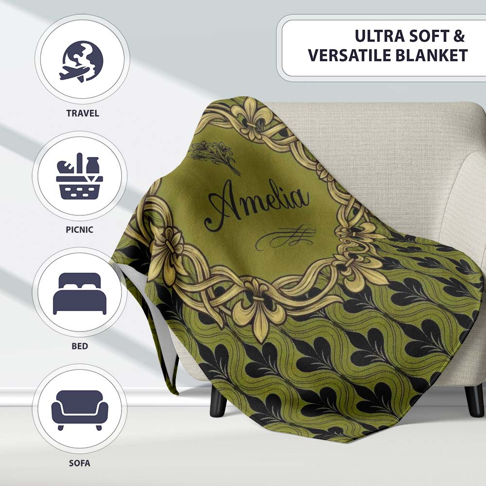 Mid Century Modern Green Leaf Geometric Seamless Pattern Botanical  Personalised Custom Name Super Soft Fleece Blanket Bed Sofa Throw