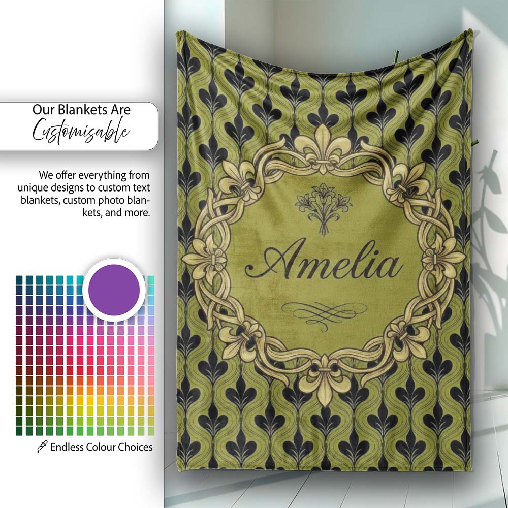Mid Century Modern Green Leaf Geometric Seamless Pattern Botanical  Personalised Custom Name Super Soft Fleece Blanket Bed Sofa Throw