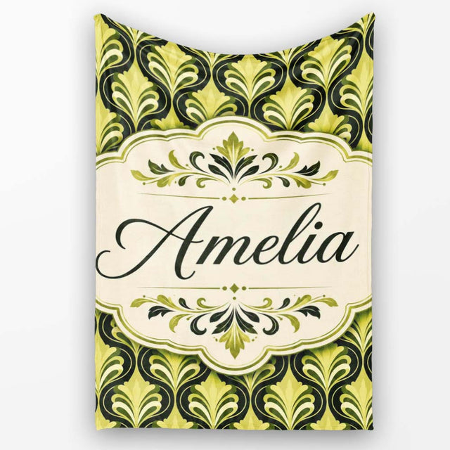 Art Nouveau Inspired Green Ornamental Leaf Seamless Pattern Vintage  Personalised Custom Name Super Soft Fleece Blanket Bed Sofa Throw