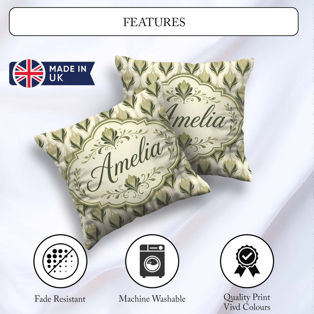 Custom Name Soft Sage Green Floral Damask Seamless Pattern Light Square Filled Cushion Throw Pillow Sofa Bed Home Decor Zip Washable UK Made