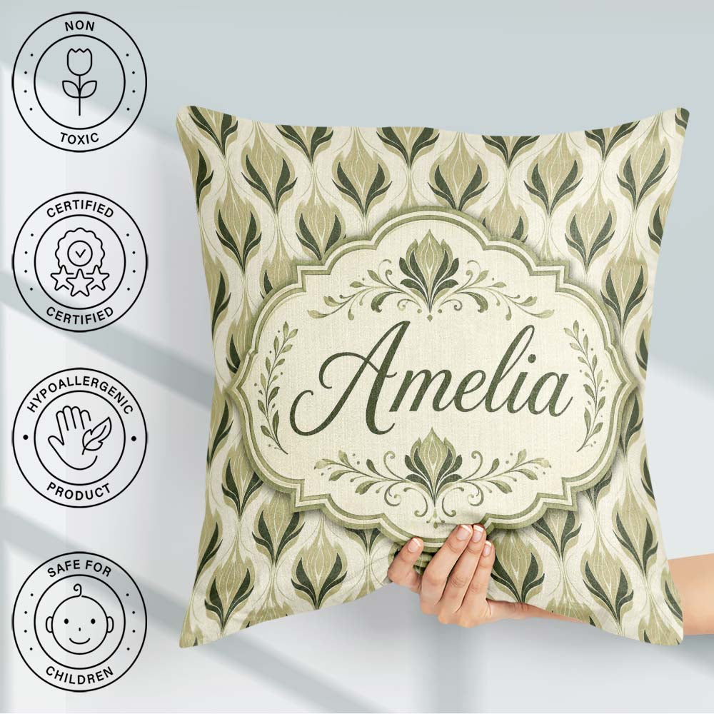 Custom Name Soft Sage Green Floral Damask Seamless Pattern Light Square Filled Cushion Throw Pillow Sofa Bed Home Decor Zip Washable UK Made