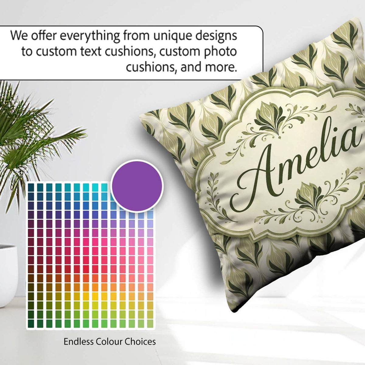 Custom Name Soft Sage Green Floral Damask Seamless Pattern Light Square Filled Cushion Throw Pillow Sofa Bed Home Decor Zip Washable UK Made