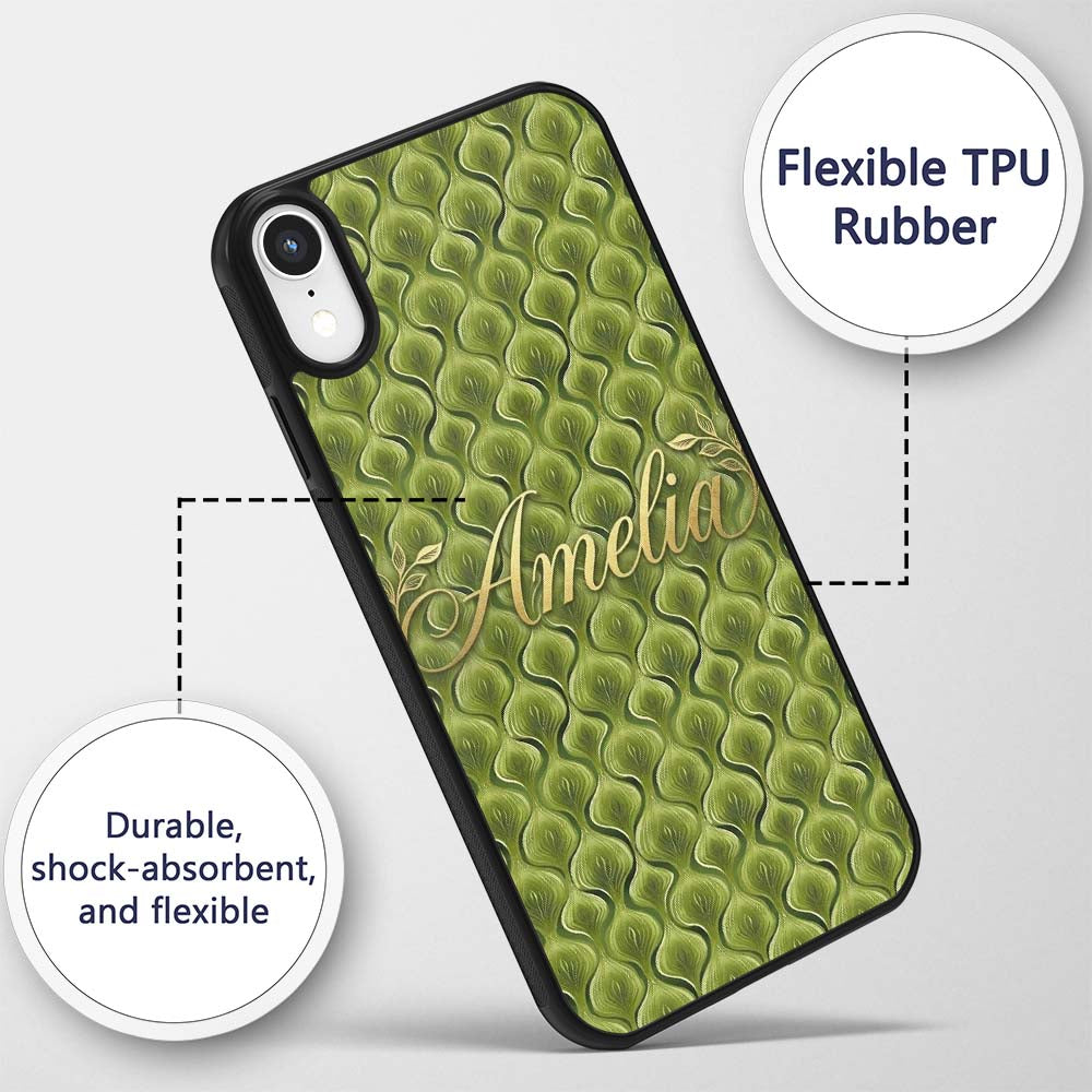 Classic Olive Green Ornamental Motif Seamless Custom Name Protective Phone Case Mobile Cover Durable Everyday Smartphone Shock Resistant