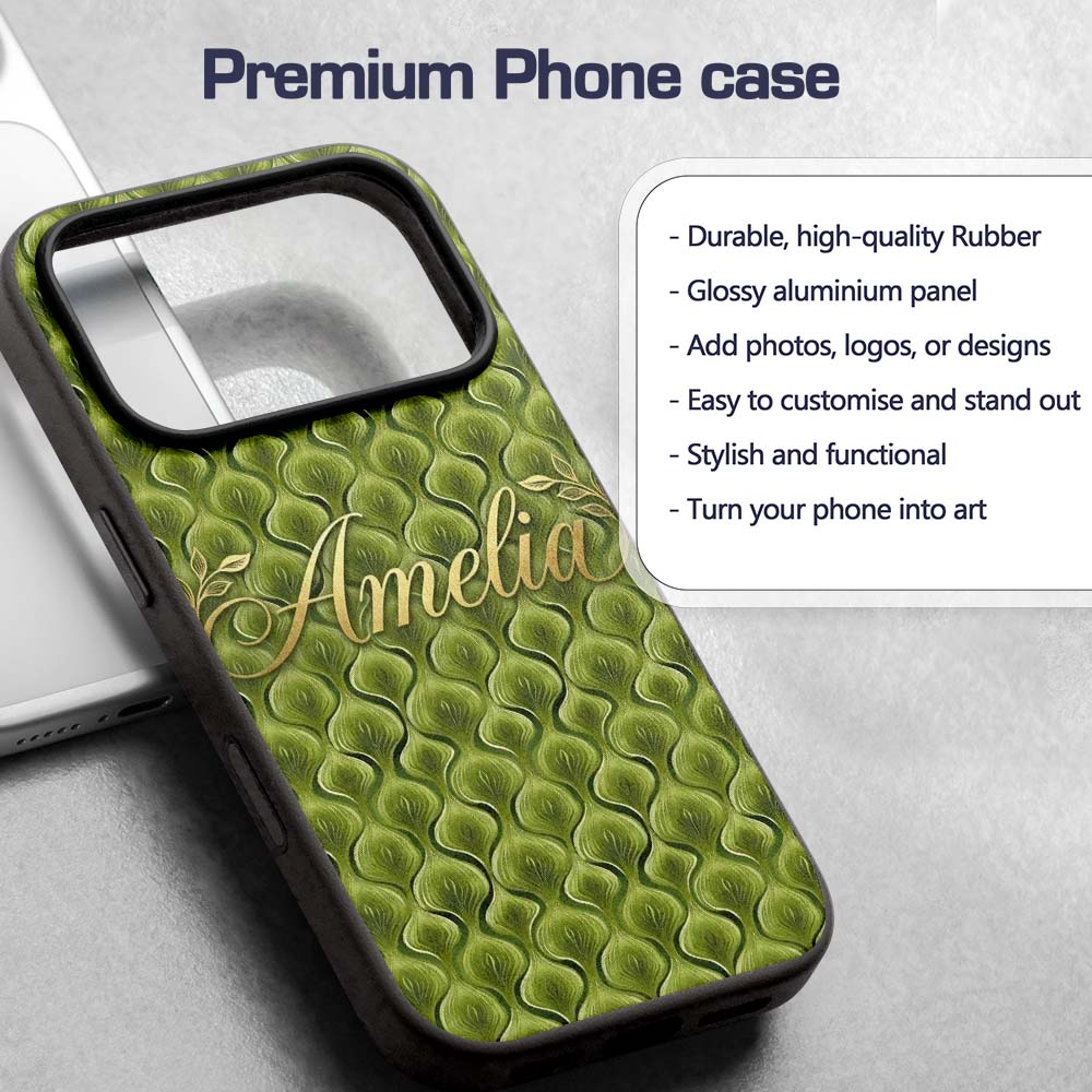 Classic Olive Green Ornamental Motif Seamless Custom Name Protective Phone Case Mobile Cover Durable Everyday Smartphone Shock Resistant