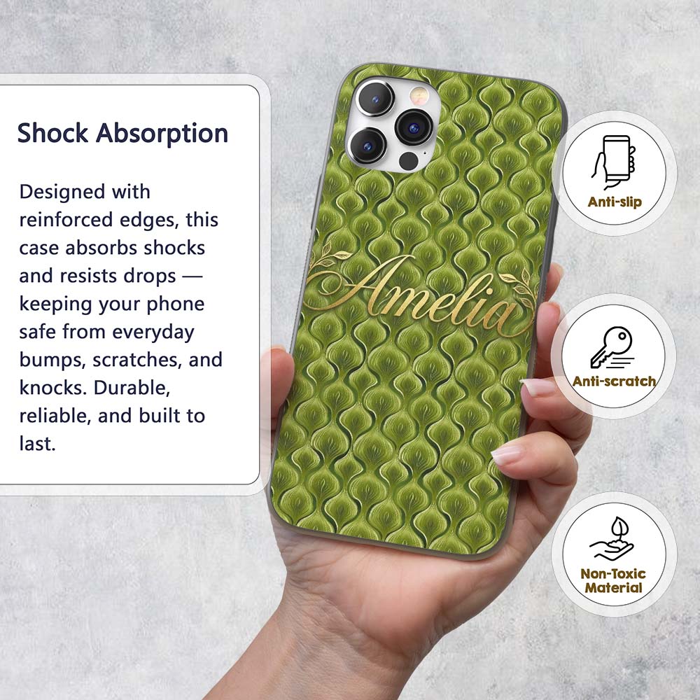Classic Olive Green Ornamental Motif Seamless Custom Name Protective Phone Case Mobile Cover Durable Everyday Smartphone Shock Resistant