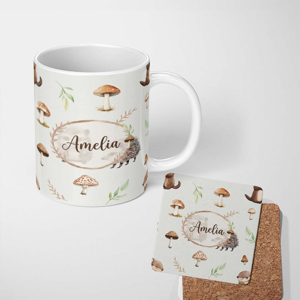 Personalized Custom Name Woodland Hedgehogs with Mushrooms Leaves Light Grey Seamless 11oz Ceramic Coffee Tea Mug White Large Handle