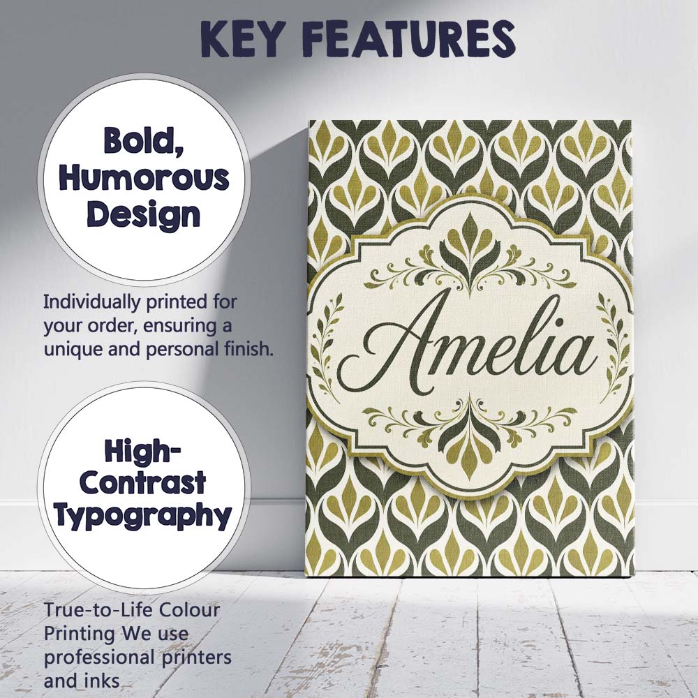 Personalised Name Olive and Black Floral Custom  Unique Gift Idea Elegant Feature Canvas Wall Art Print Decor Picture Ready to Hang